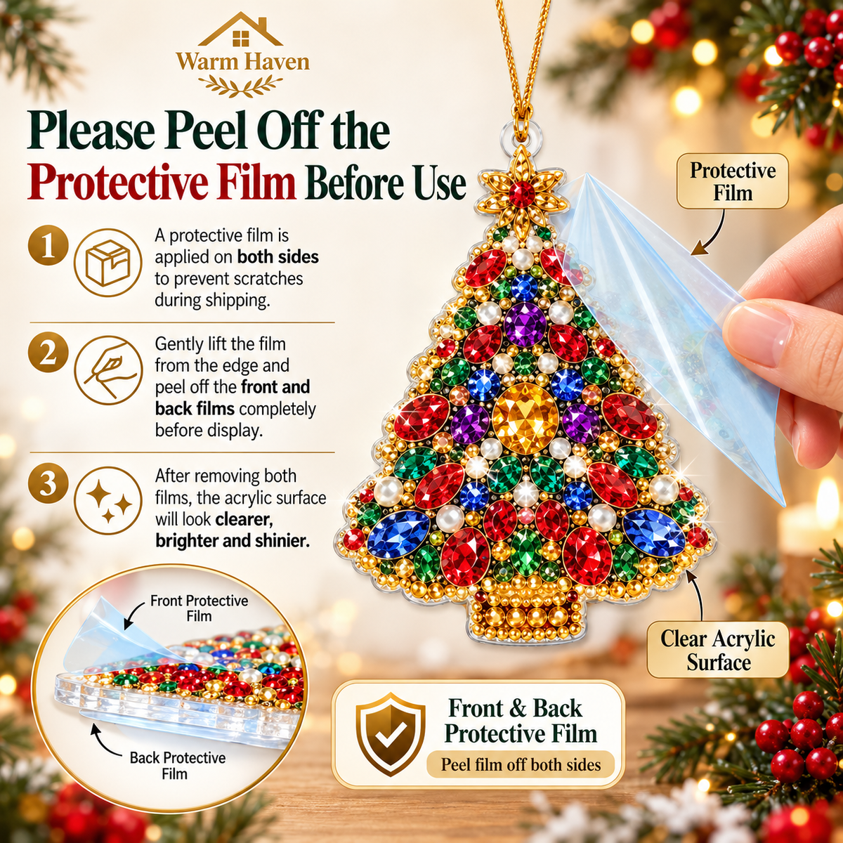 DIY Christmas diamond painting kit showing a finished Christmas tree ornament with colourful decorative diamonds