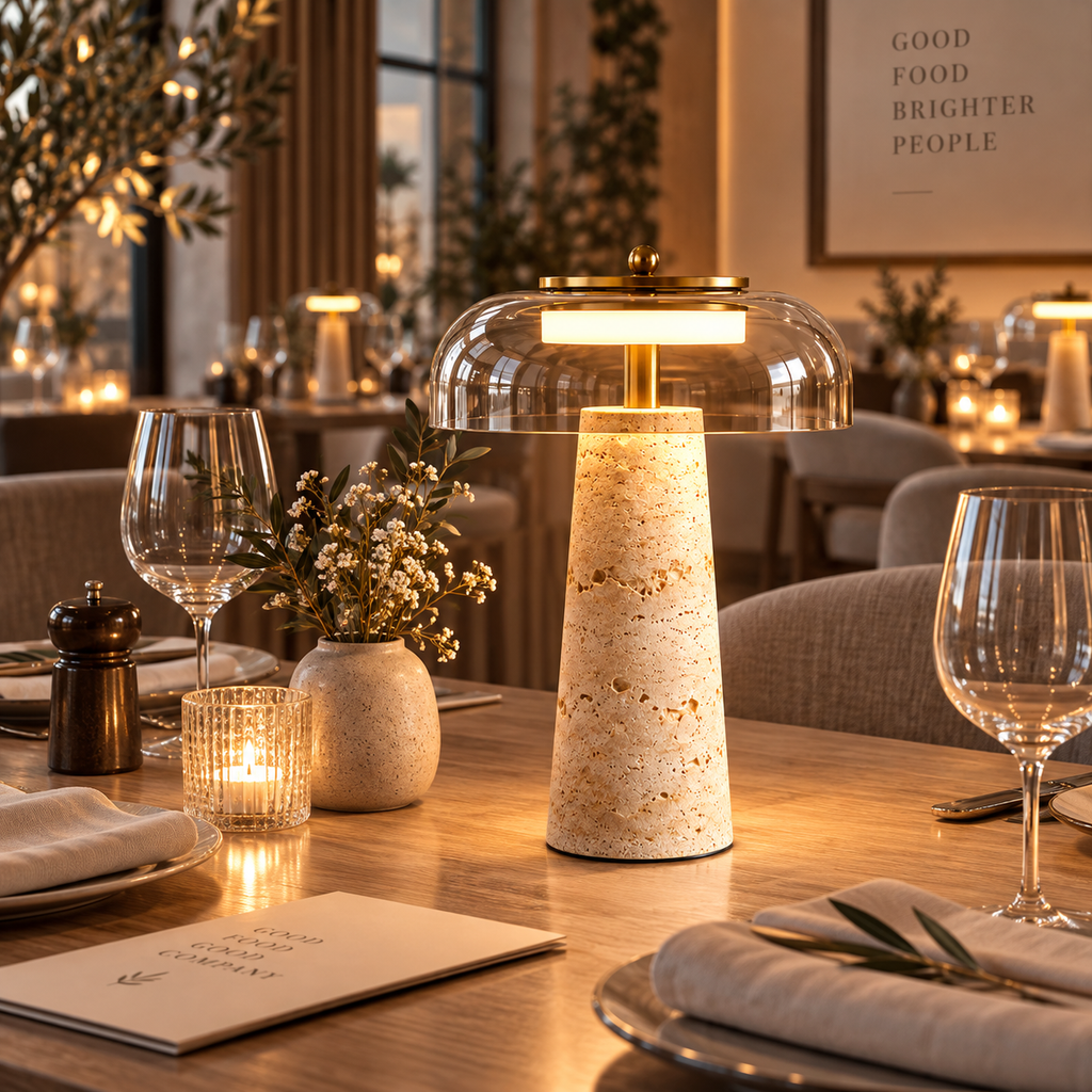 A modern table lamp with a textured beige stone base and a clear glass dome shade, glowing warmly on a dining table in a restaurant setting.