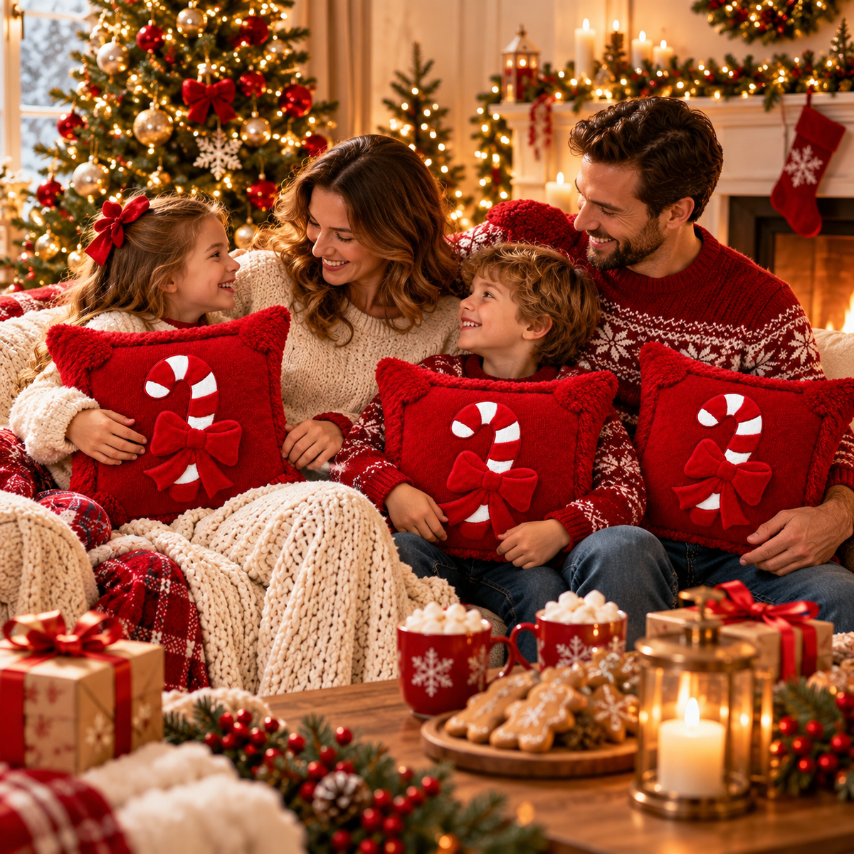 Red Christmas candy cane pillow covers styled on a cosy sofa with festive holiday decorations