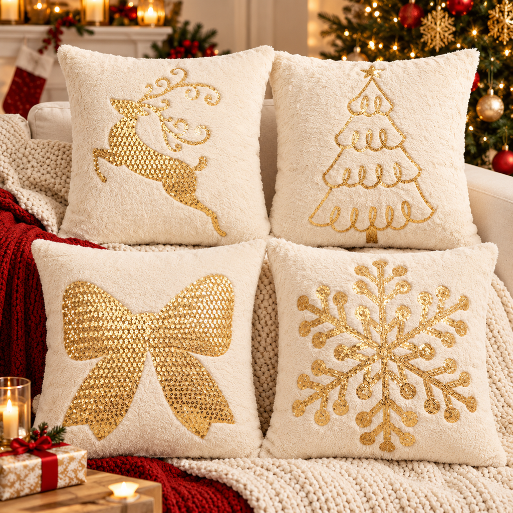 Christmas faux fur pillow cover product image showing the available embroidered design options