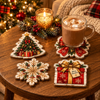 Wooden Christmas coasters set of four arranged on a festive table with Christmas decorations and warm holiday accents.