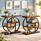 4-tier narrow end table with rustic brown shelves and black circular metal frame