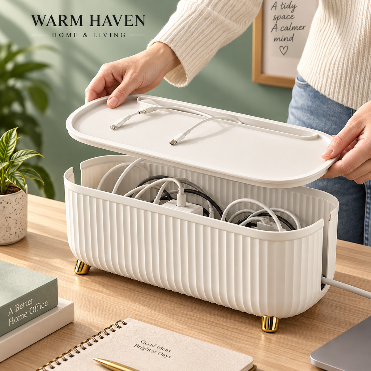 Cable management box with lid open showing neatly organized cables and power strip on a desk