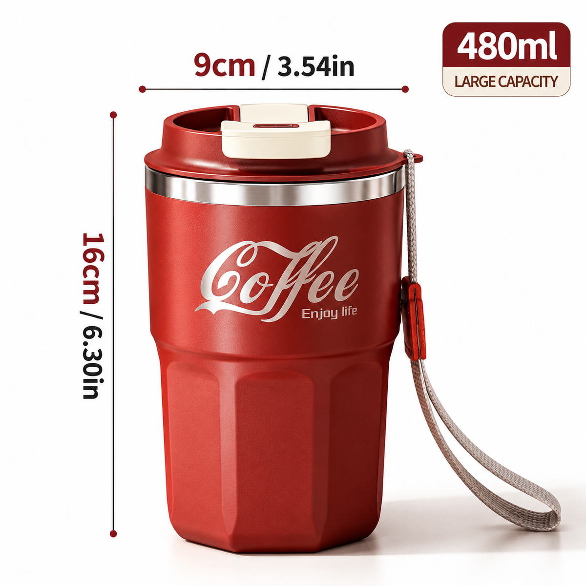Insulated Coffee Mug with Lid & Handle – Stainless Steel red mug showing its open drinking lid and stainless steel rim