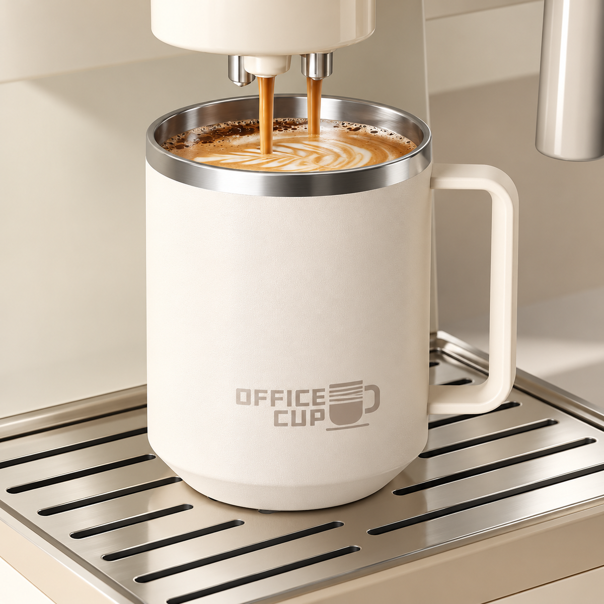 Stainless steel thermal coffee mug placed on a coffee machine tray