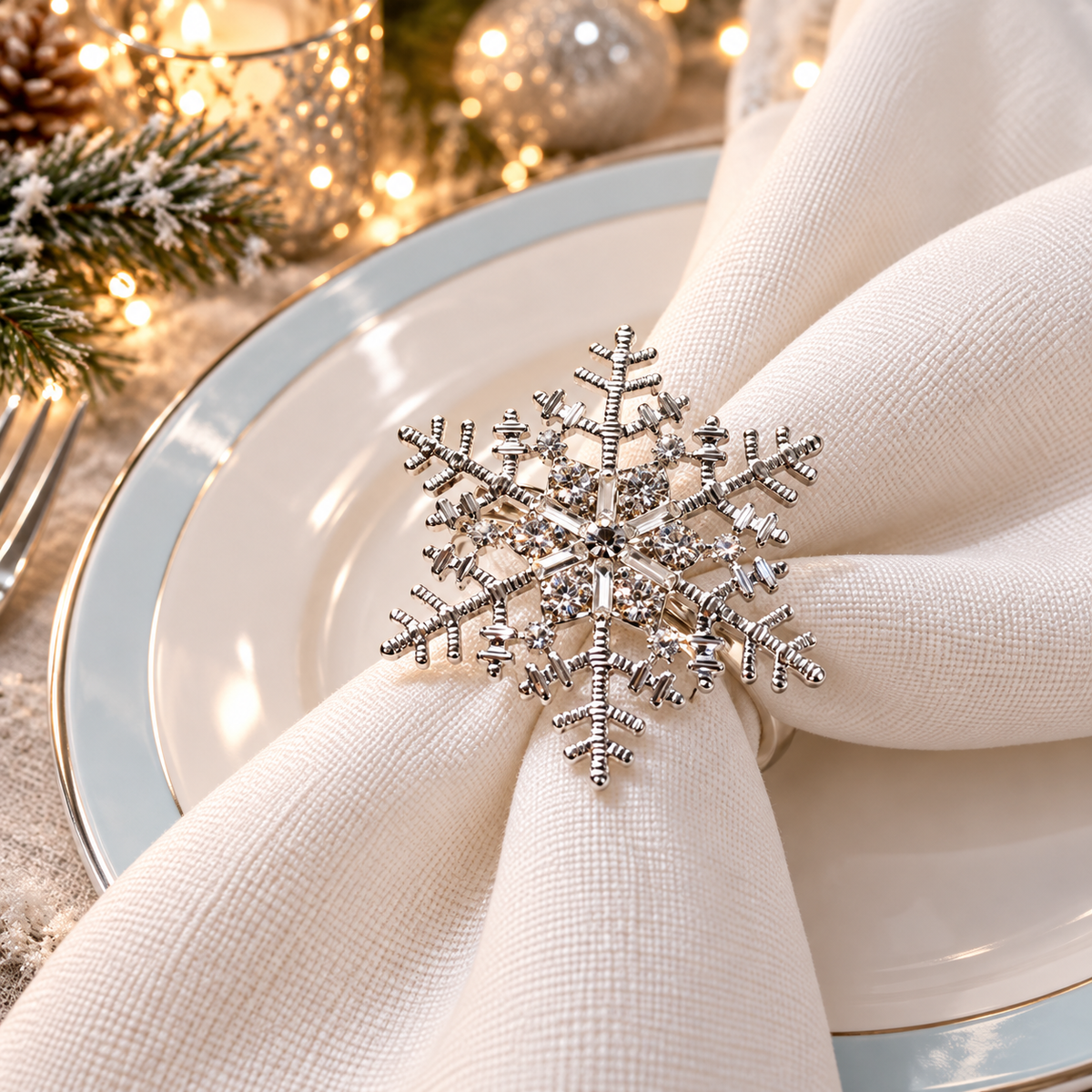 Christmas napkin rings featuring a silver snowflake design with sparkling crystal-like details.
