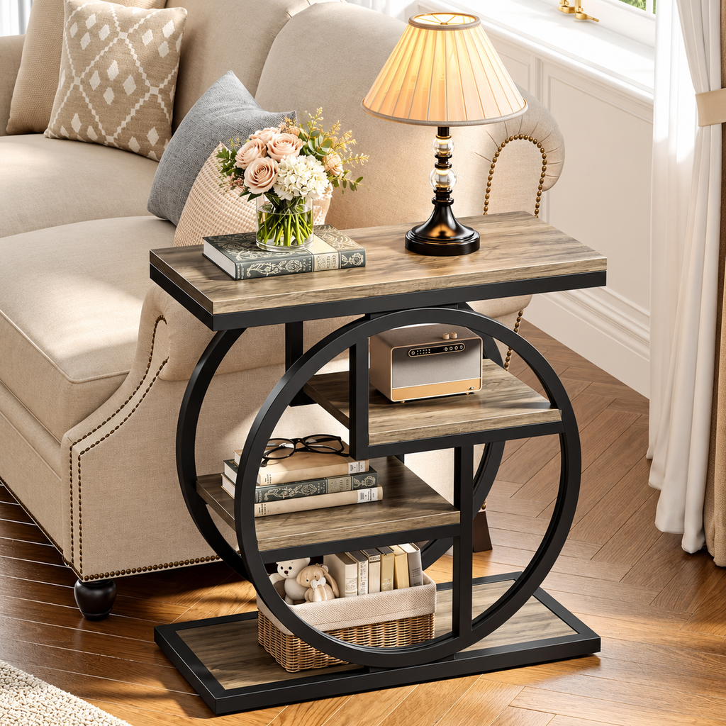 4-tier narrow end table styled with Christmas decorations and gifts in a cozy living room