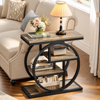 4-tier narrow end table styled with Christmas decorations and gifts in a cozy living room