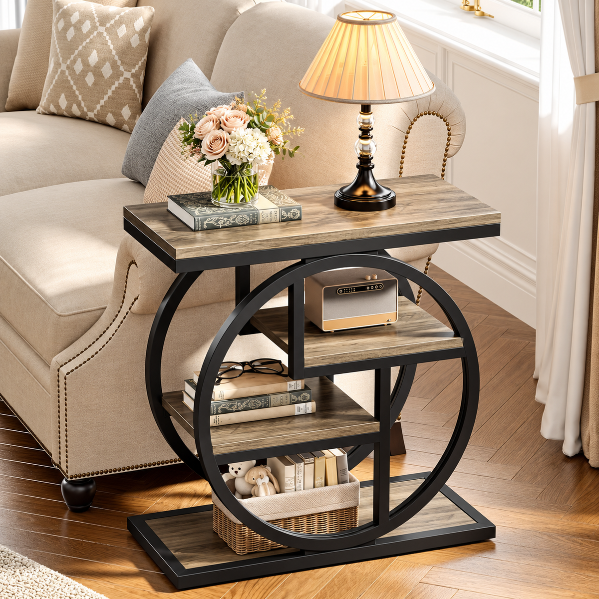 4-tier narrow end table styled with Christmas decorations and gifts in a cozy living room