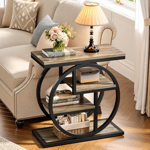 4-tier narrow end table styled with Christmas decorations and gifts in a cozy living room