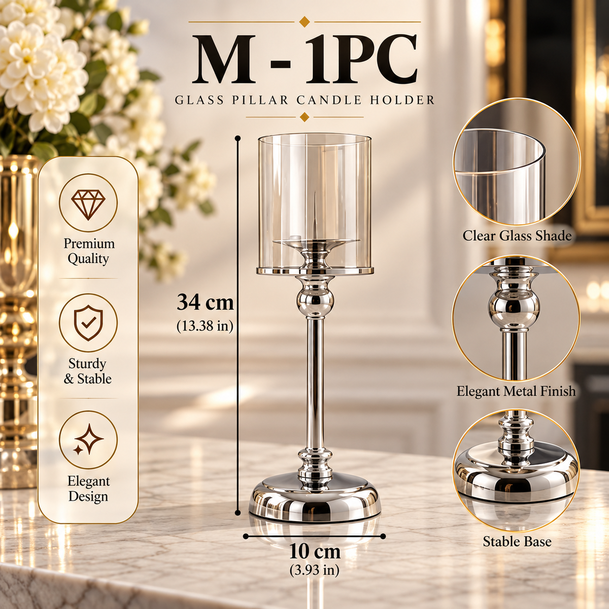 Medium gold glass pillar candle holders with a clear glass cylinder and polished decorative base