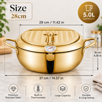Deep frying pot with thermometer and draining rack in gold stainless steel