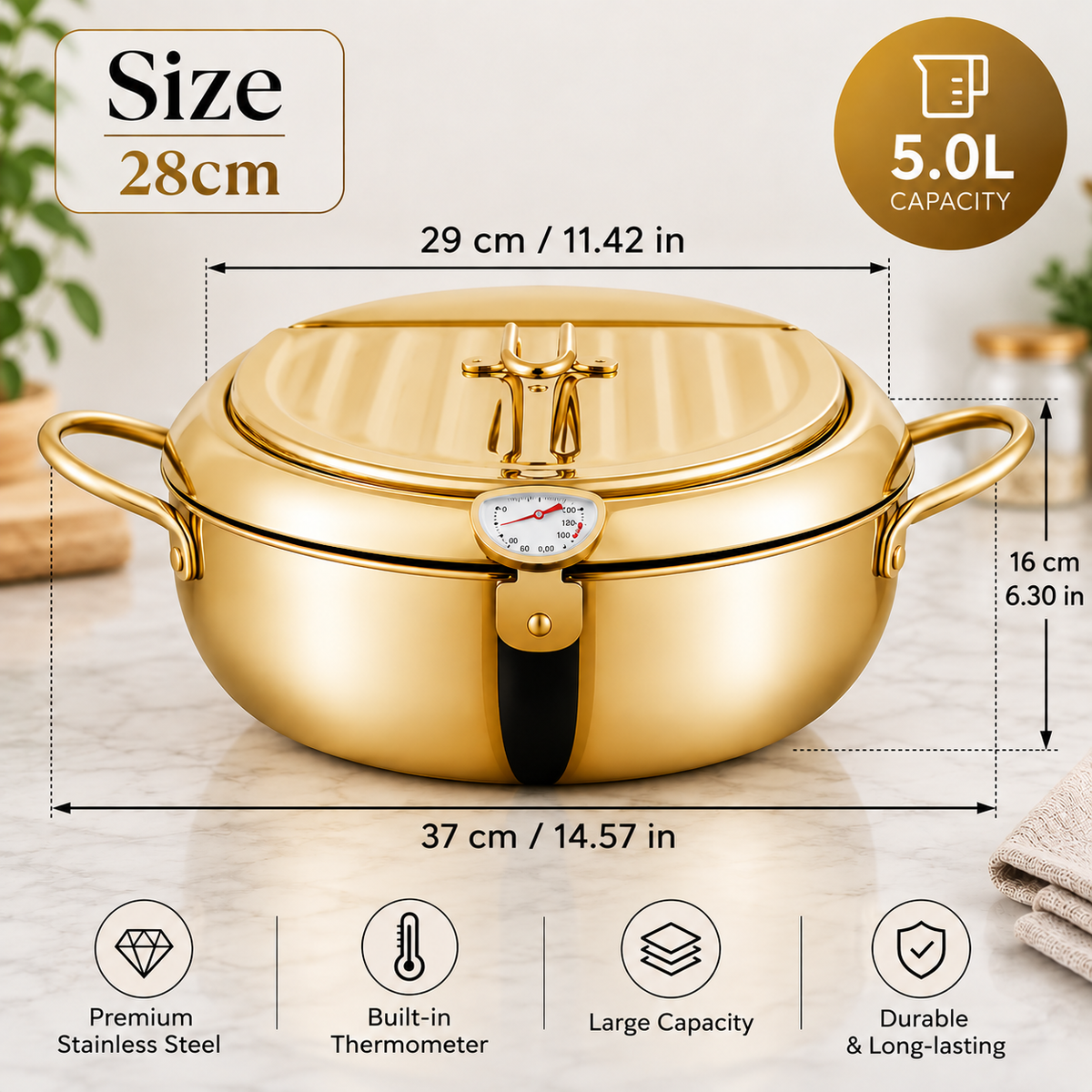 Deep frying pot with thermometer and draining rack in gold stainless steel