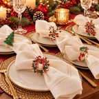 Christmas napkin rings decorating folded napkins on an elegant festive holiday dining table