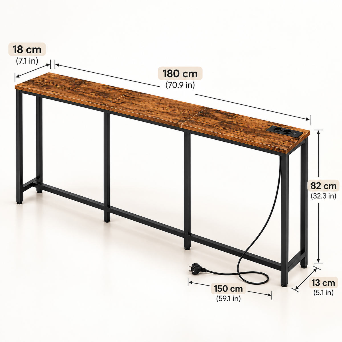 Slim console table with charging station styled behind a sofa with minimalist Scandinavian decor