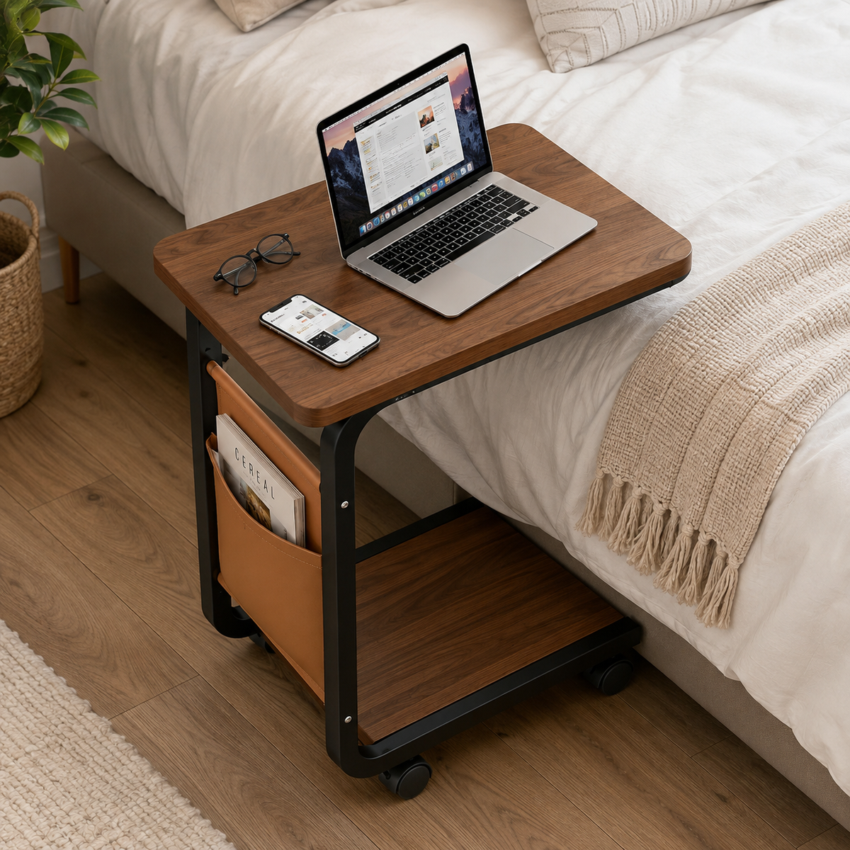 C-Shaped Rolling Side Table with Storage – Modern Sofa & Bedside Table