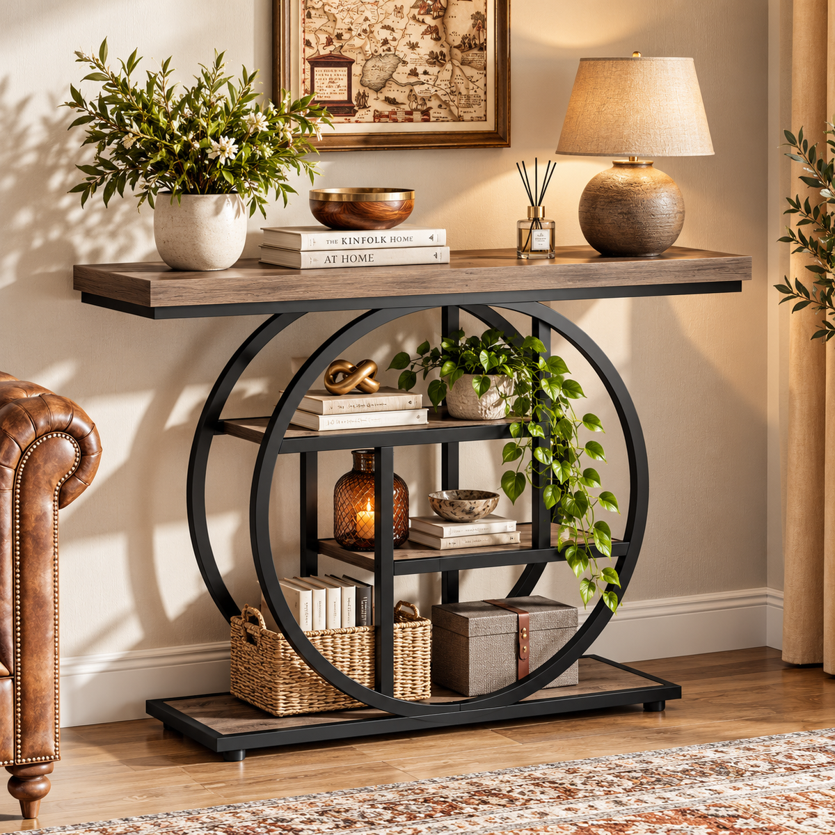Rustic industrial console table with round metal sides and multiple display shelves