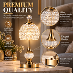 Cordless crystal table lamps with sparkling transparent shades, polished gold finishes, and touch controls