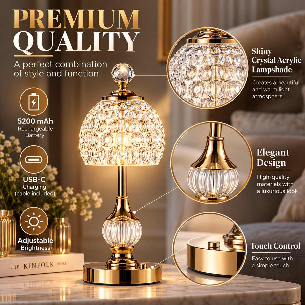 Cordless crystal table lamps with sparkling transparent shades, polished gold finishes, and touch controls