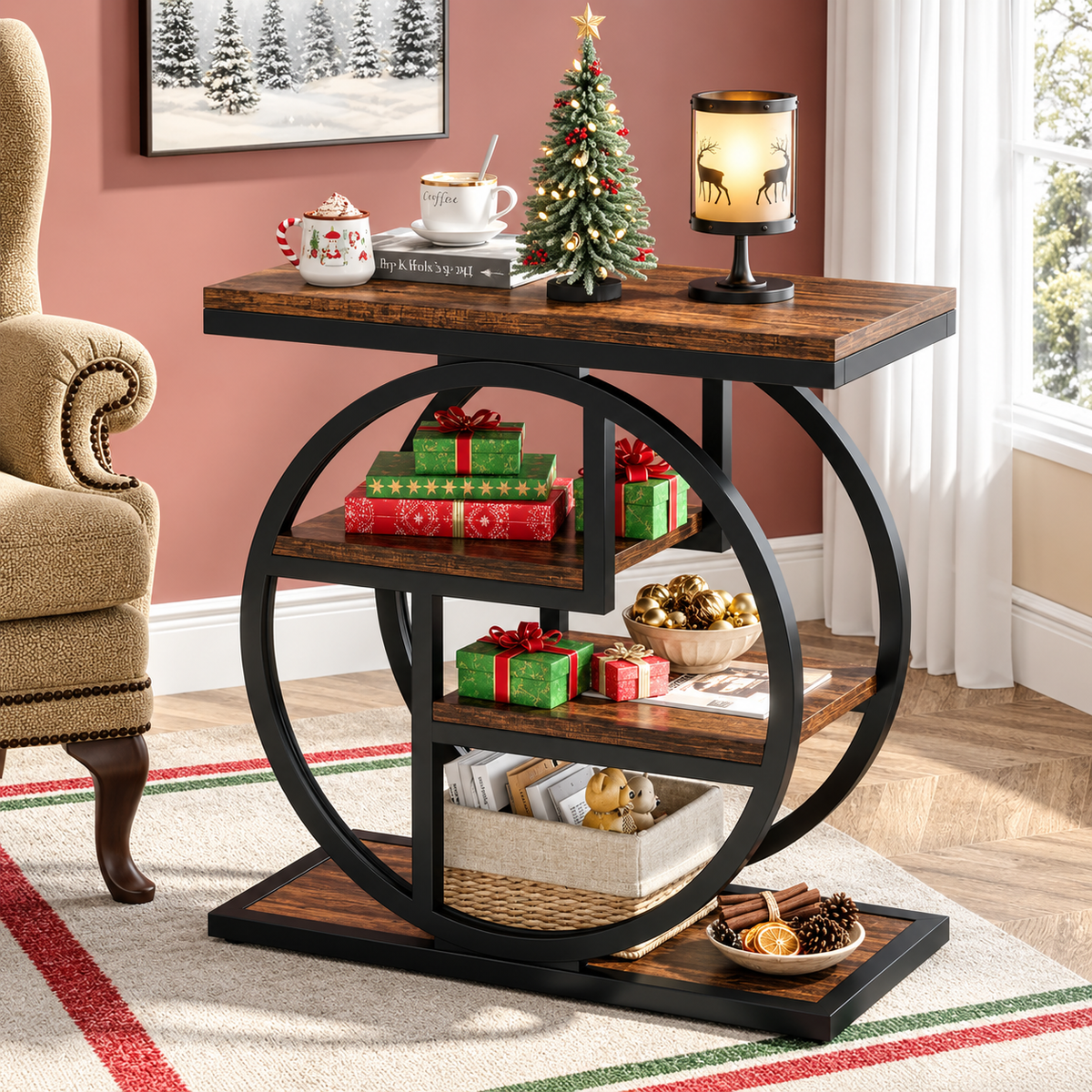 4-tier narrow end table styled with Christmas decorations and gifts in a cozy living room