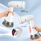handheld garment steamer showing stainless steel steam head and fabric compatibility