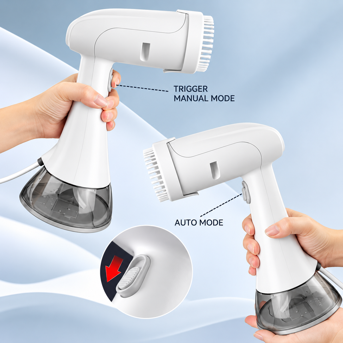 handheld garment steamer showing stainless steel steam head and fabric compatibility