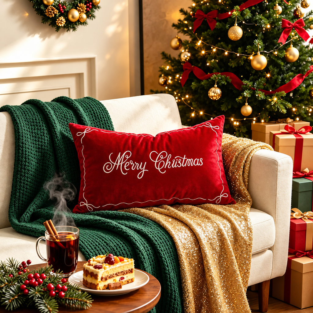 Red Merry Christmas pillow covers with decorative embroidery on a sofa with a green knitted blanket and gold throw.