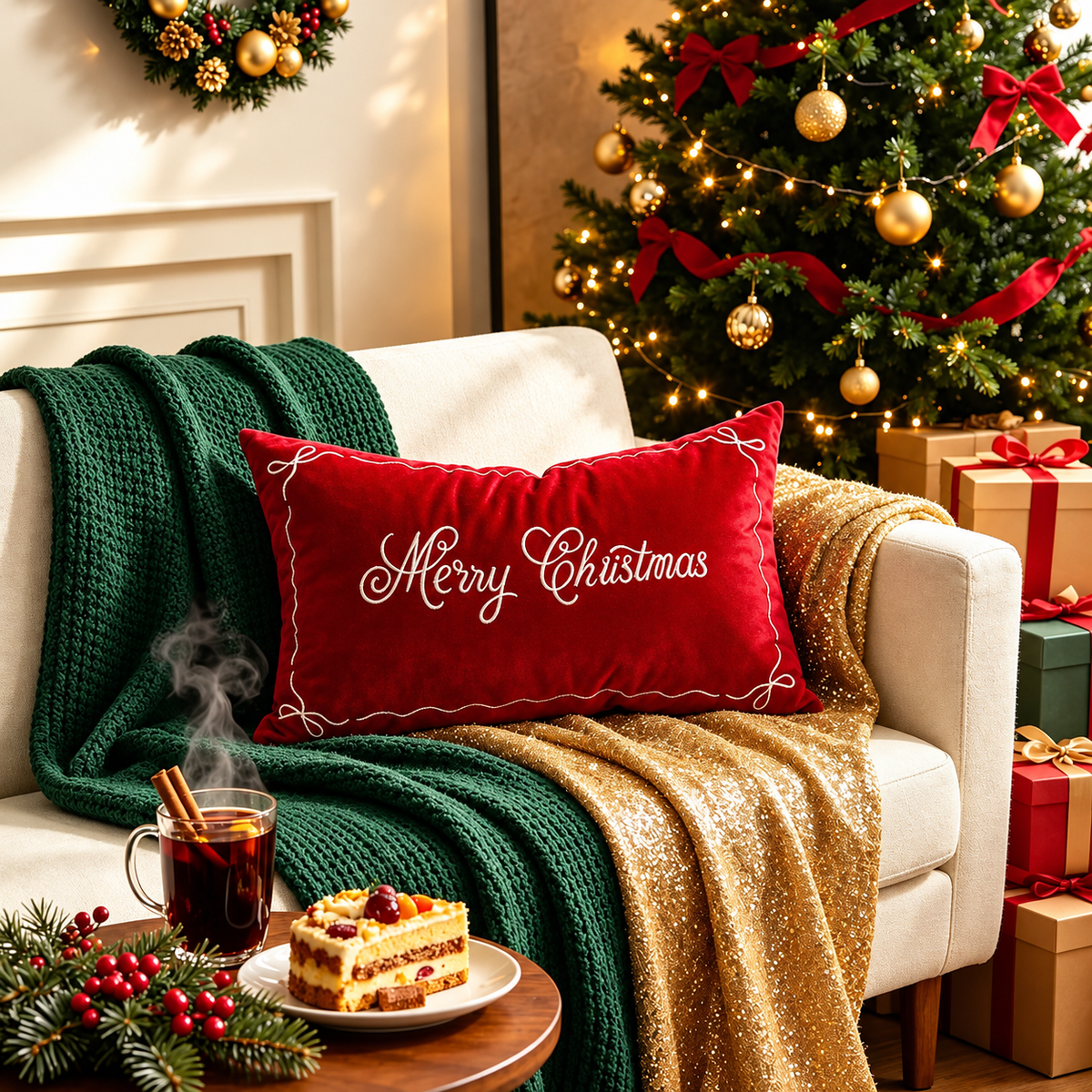 Red Merry Christmas pillow covers with decorative embroidery on a sofa with a green knitted blanket and gold throw.