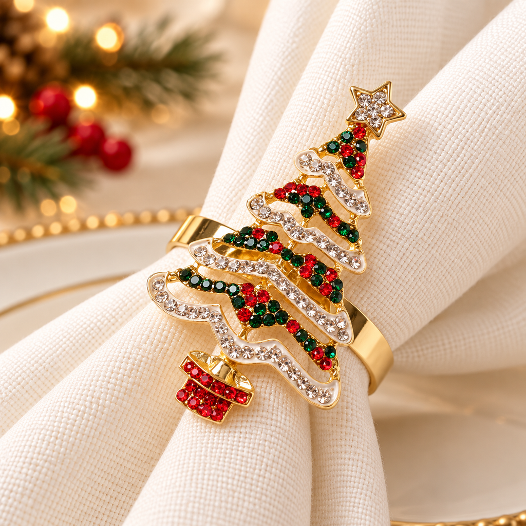 Christmas napkin rings featuring a gold Christmas tree ornament with red and green festive decorations.