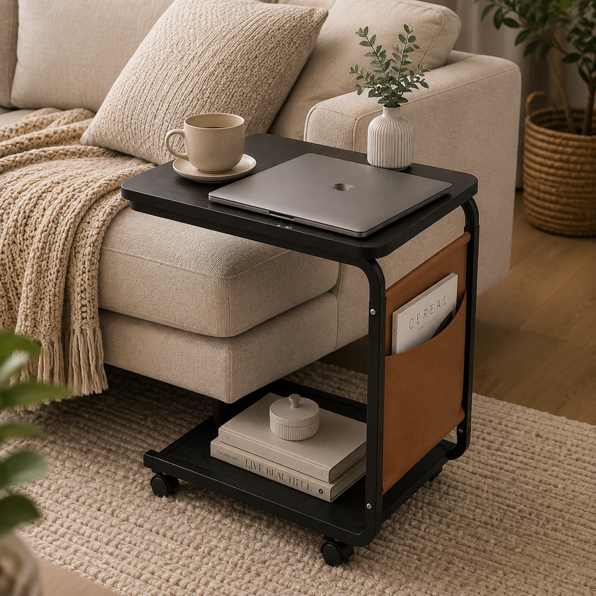 C-Shaped Rolling Side Table with Storage – Modern Sofa & Bedside Table
