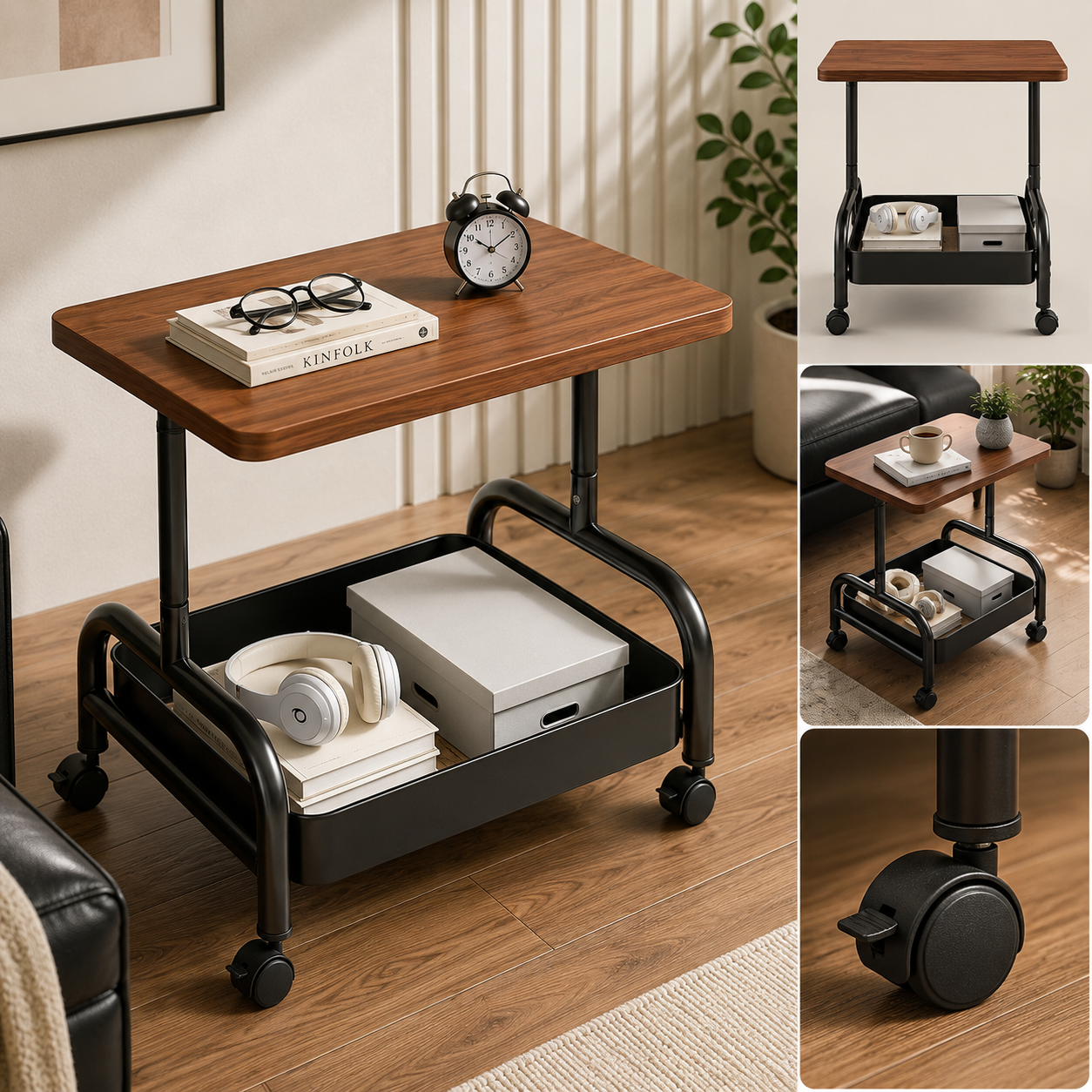 2-Tier Rolling Side Table with Storage – Modern Scandinavian Home Furniture