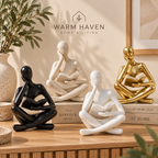 Abstract thinker sculpture in four colors styled together in a warm Scandinavian home decor setting