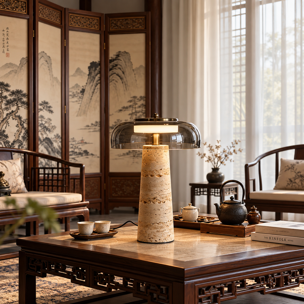 A modern table lamp with a textured beige stone column base and a clear glass dome shade, glowing on a dark wooden table in a traditional Chinese-style living room.