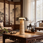 A modern table lamp with a textured beige stone column base and a clear glass dome shade, glowing on a dark wooden table in a traditional Chinese-style living room.