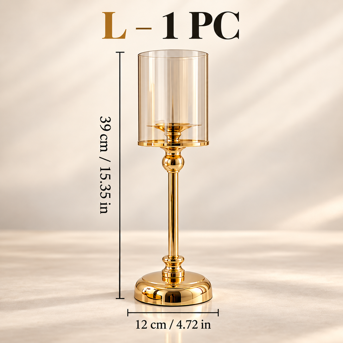 Large gold glass pillar candle holders with clear glass cylinder and polished gold base