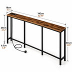 180cm console table with charging station, rustic wood tabletop and black metal frame