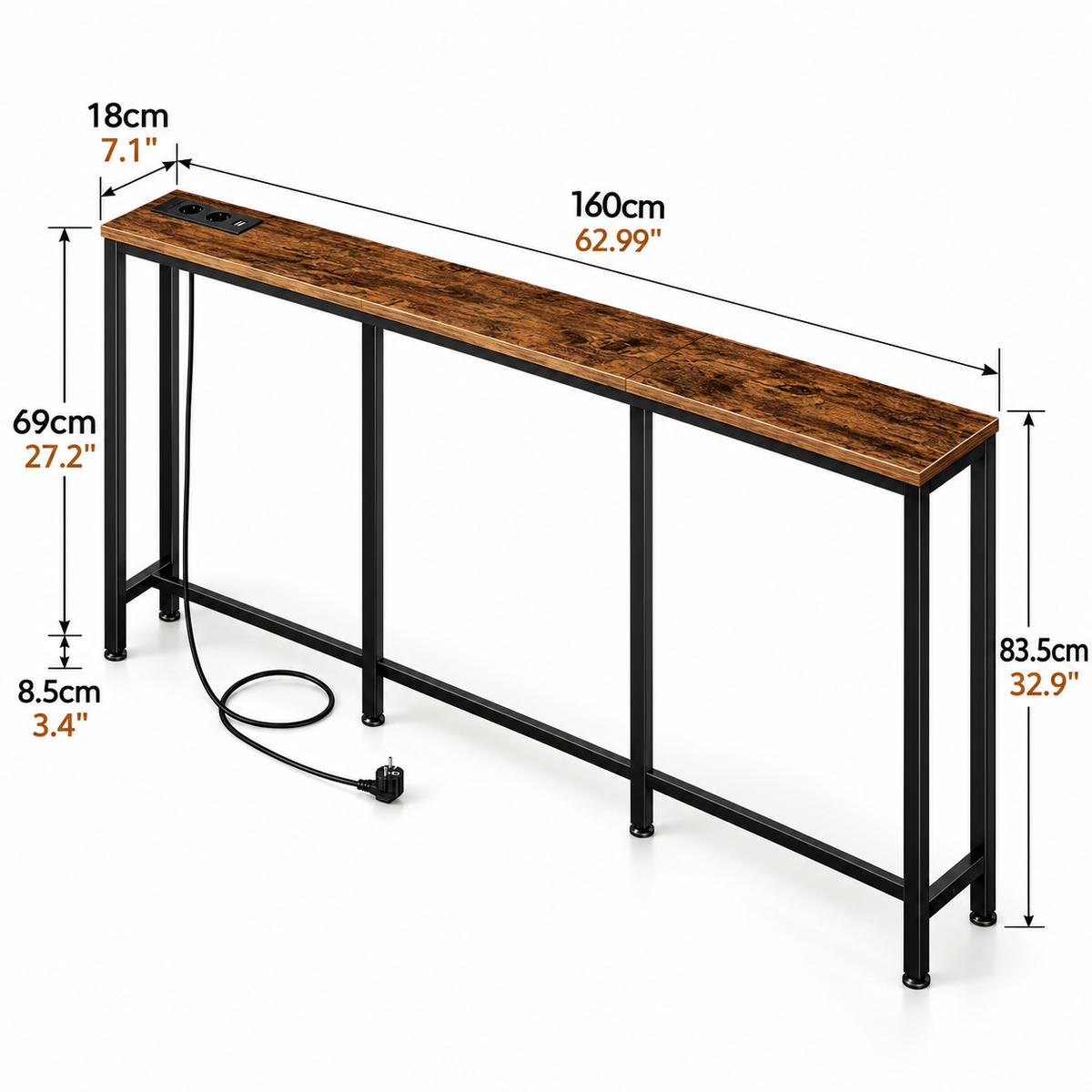 180cm console table with charging station, rustic wood tabletop and black metal frame
