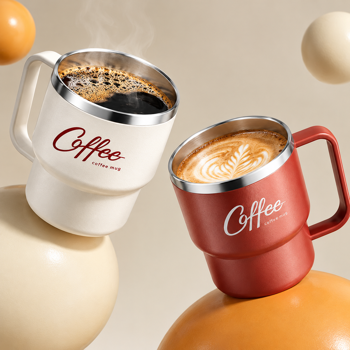 Insulated Coffee Mug with Lid & Handle – Stainless Steel cream and red mugs filled with black coffee and latte