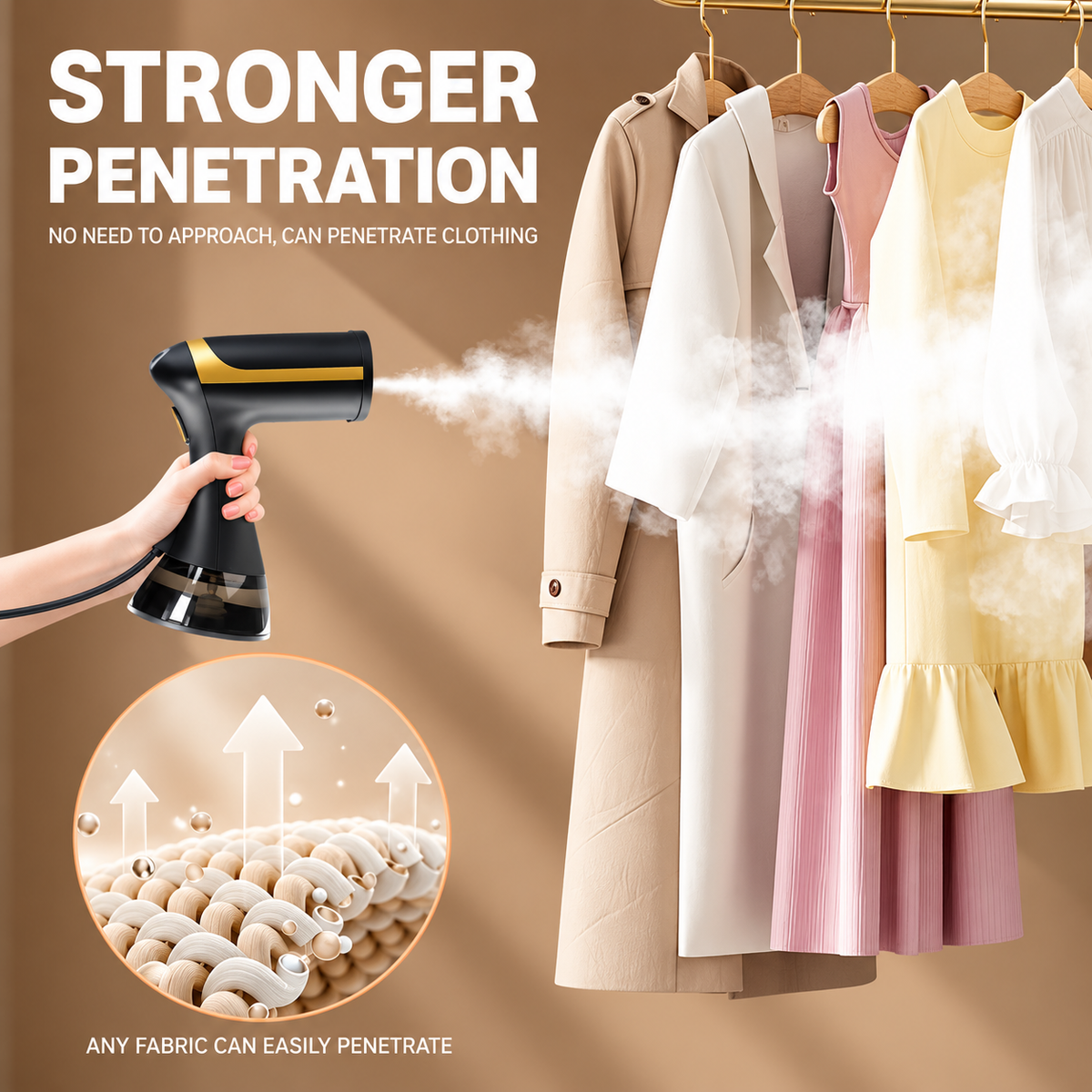 handheld garment steamer with black and gold design and two brush attachments