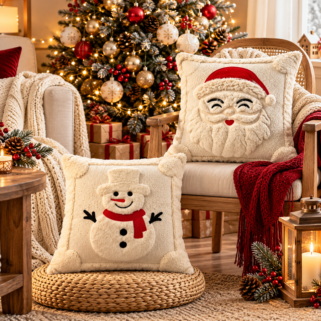 Christmas cushion covers with 3D Santa and snowman designs styled with warm lighting and holiday decorations.