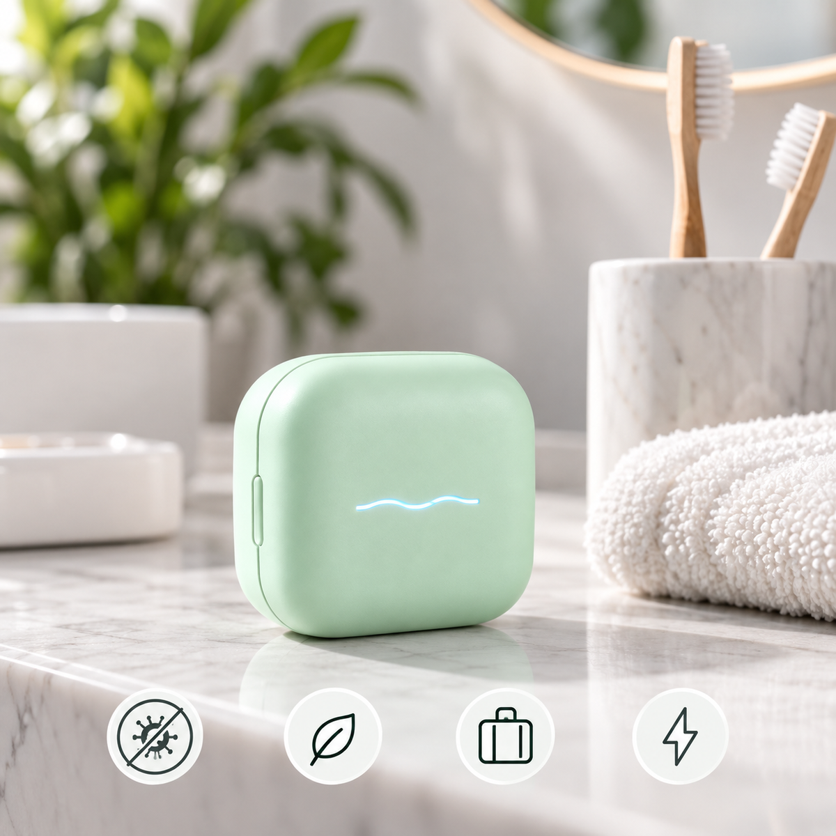 Green UV toothbrush sterilizer on a modern bathroom counter