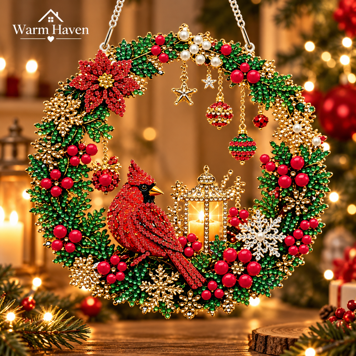 Diamond Painting Christmas Wreath with red flowers and green foliage