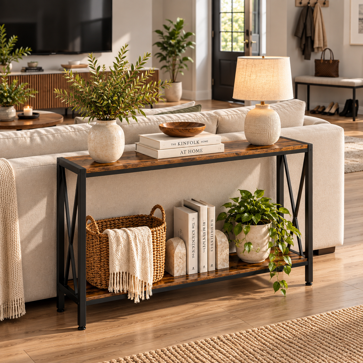 2-Tier Narrow Console Table – Rustic Wood & Black Metal