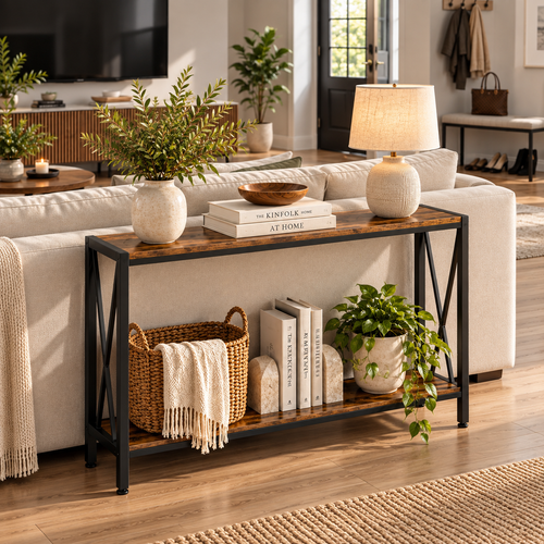 2-Tier Narrow Console Table – Rustic Wood & Black Metal