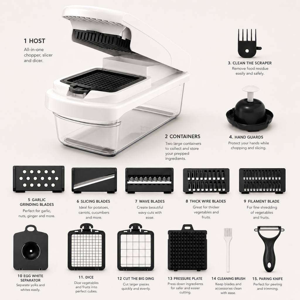 15-in-1 Vegetable Slicer, Dicer & Chopper – Multi-Blade Food Prep Tool