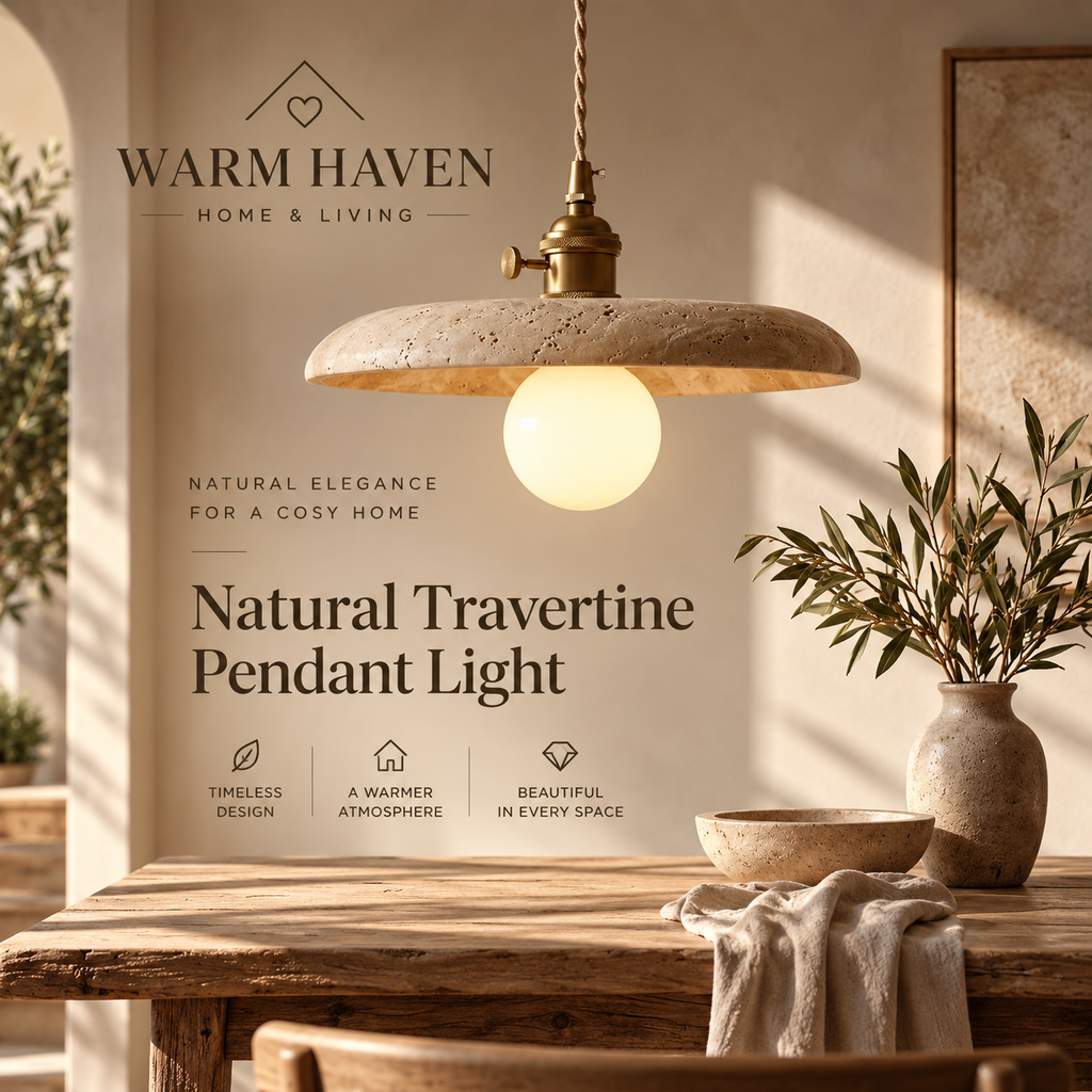 Yellow stone pendant light styled in a warm Scandinavian living room