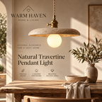 Yellow stone pendant light styled in a warm Scandinavian living room