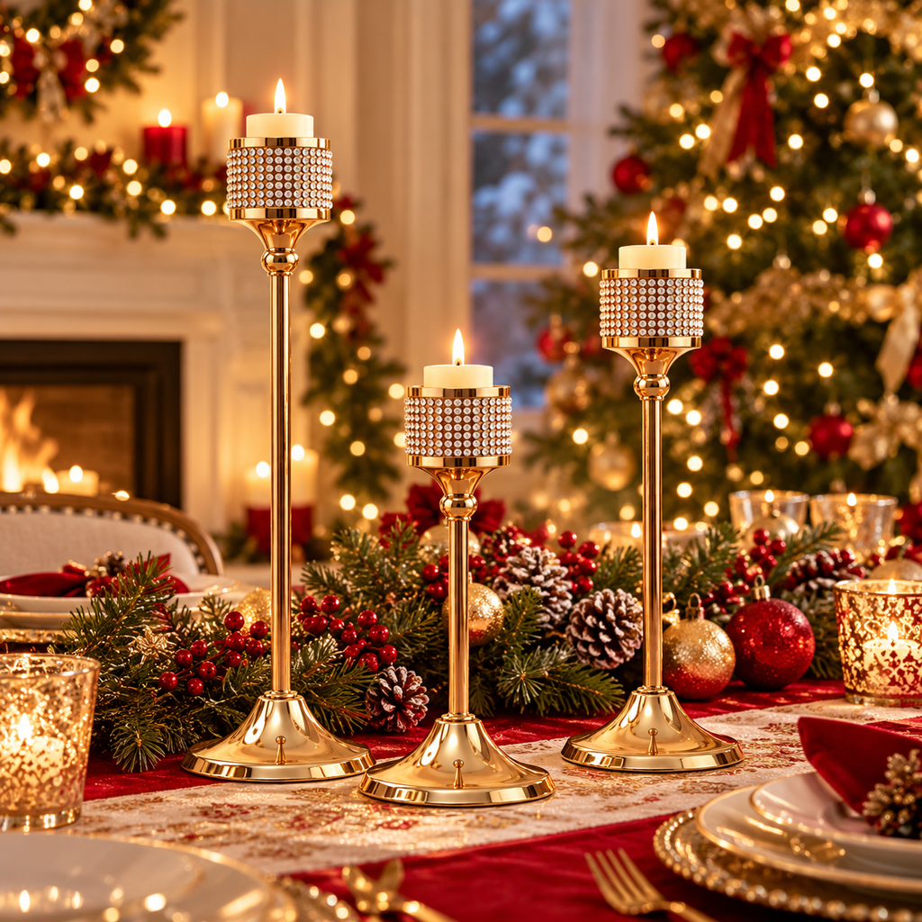 3-piece gold candle holder set displayed with Christmas decorations and glowing candles