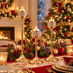 3-piece gold candle holder set displayed with Christmas decorations and glowing candles