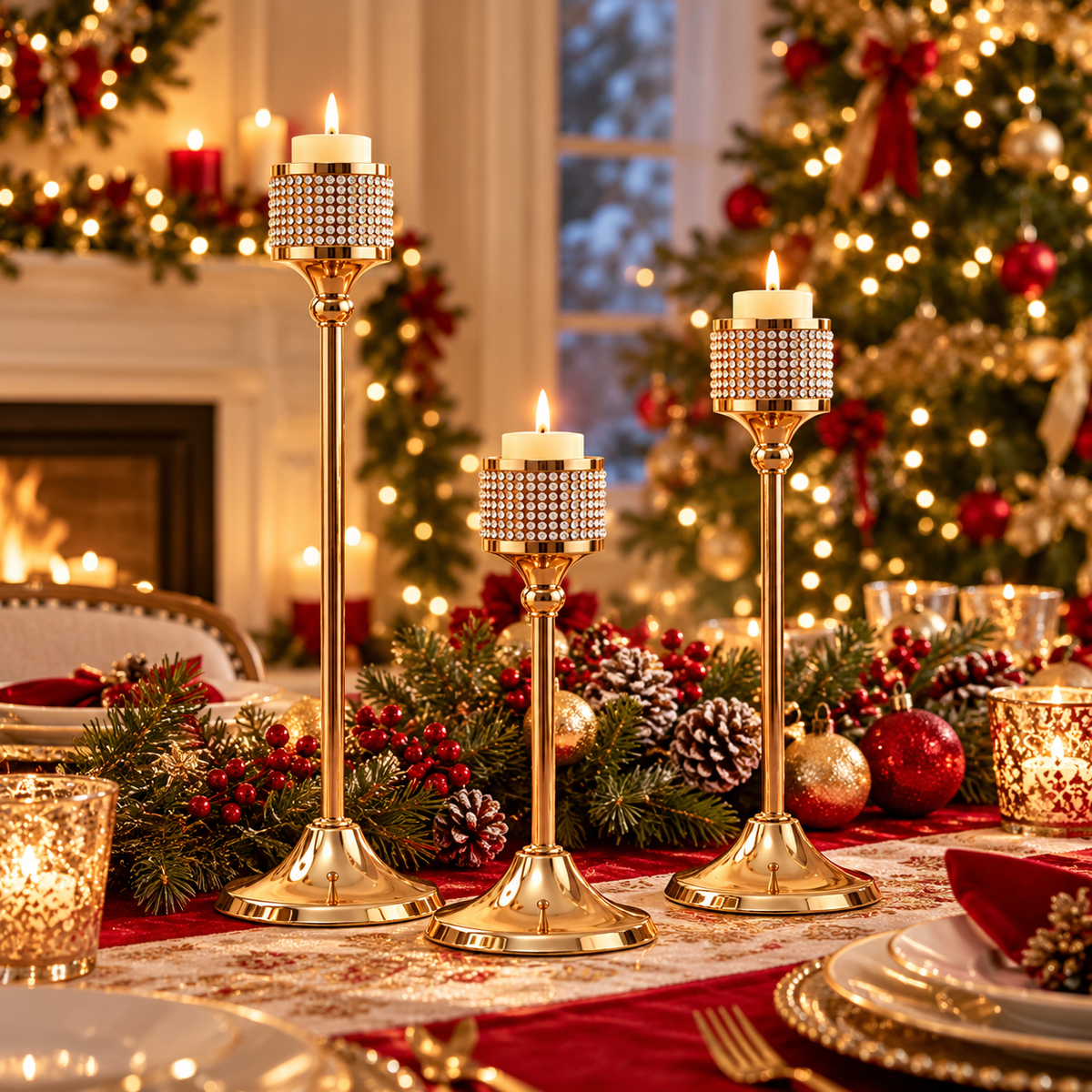 3-piece gold candle holder set displayed with Christmas decorations and glowing candles